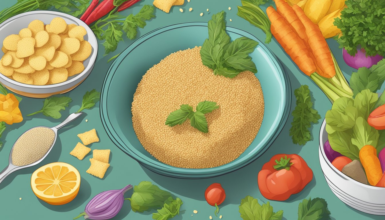 A bowl of quinoa chips surrounded by colorful vegetables and a quinoa plant, with a "vegan" label in the background