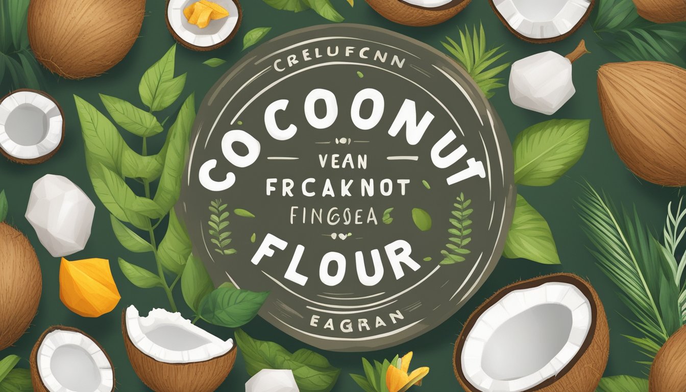 Coconut flour surrounded by various plant-based ingredients and a "vegan" label