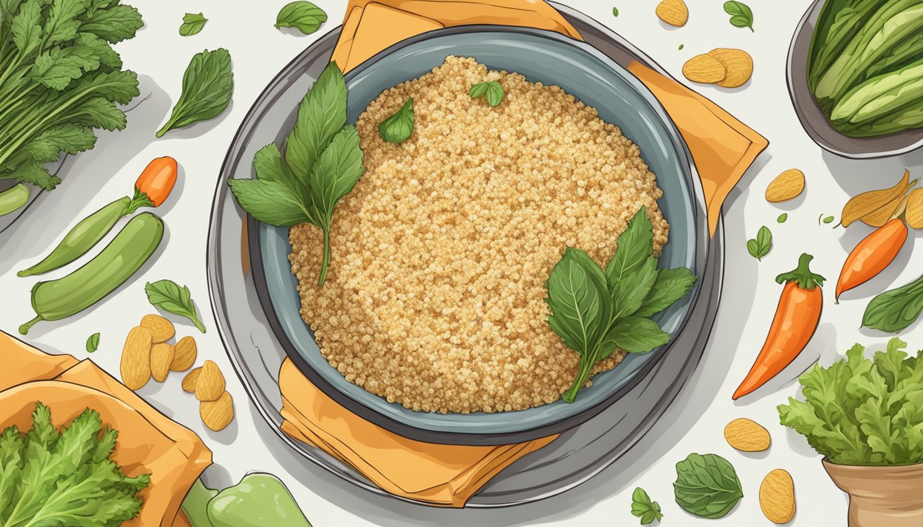 A bowl of quinoa chips surrounded by fresh vegetables and a label indicating "gluten-free" and "vegan."