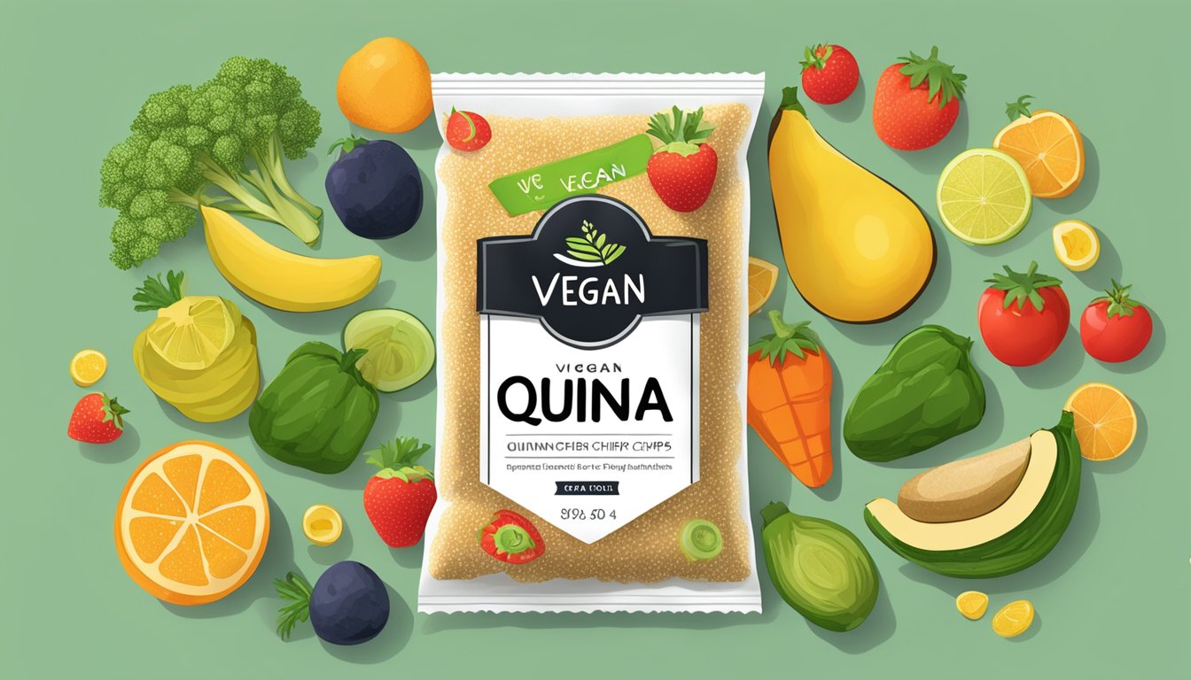 A bag of quinoa chips surrounded by various fruits and vegetables, with a prominent "Vegan" label