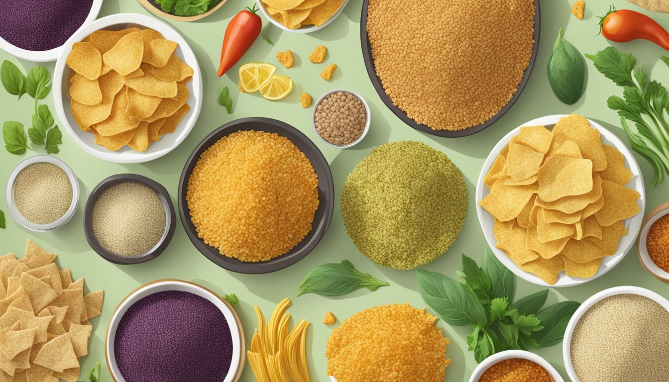 A colorful array of quinoa chips in various flavors and varieties, surrounded by fresh ingredients like vegetables and herbs