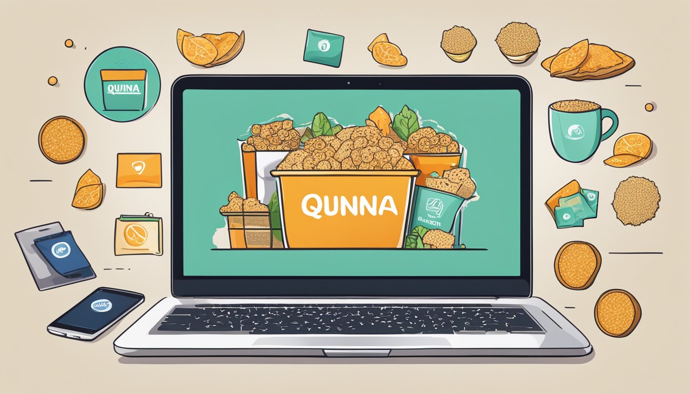 A laptop displaying a variety of quinoa chips with a "vegan" label. Icons of shopping carts and social media logos surround the screen