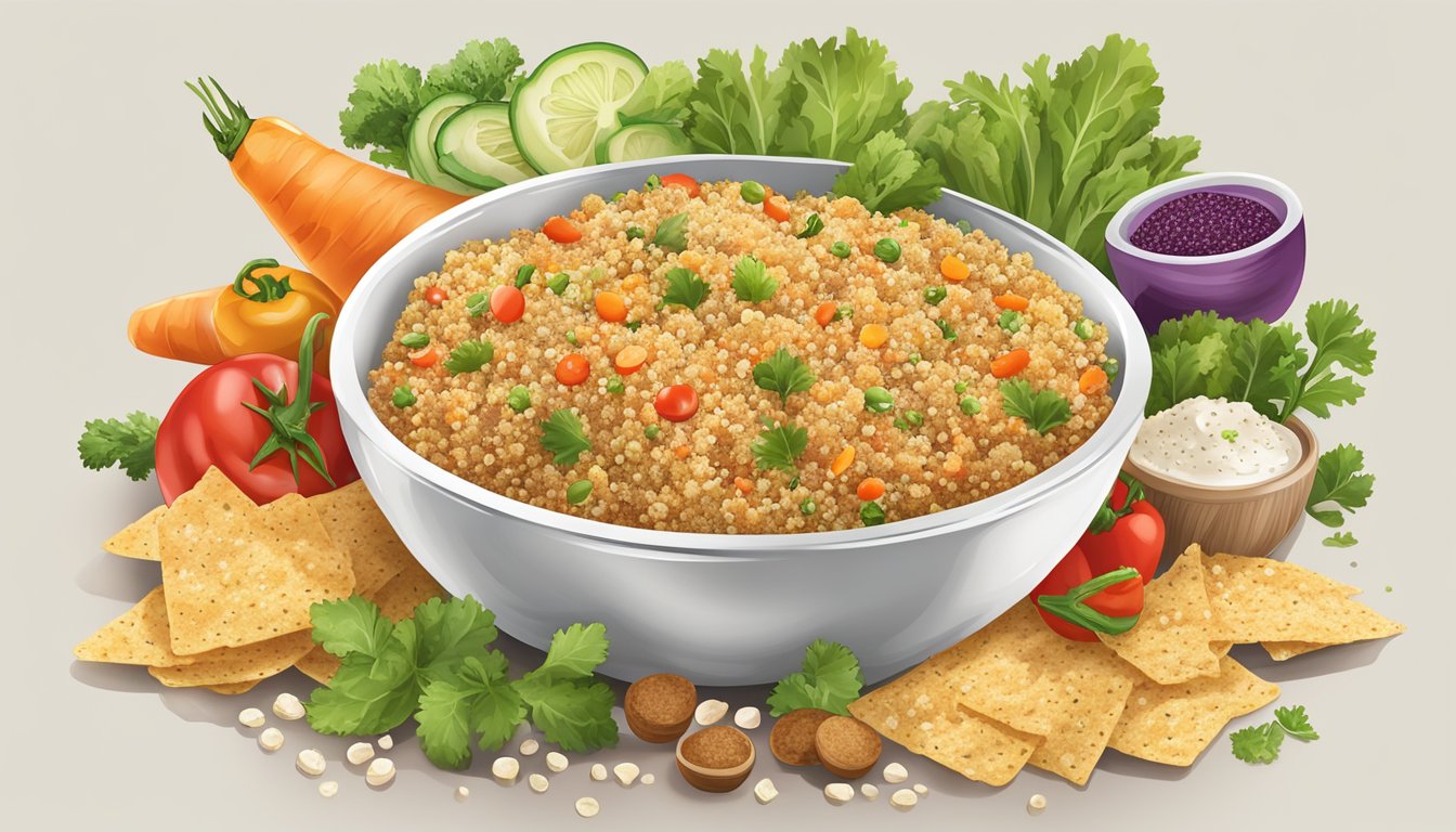 A bowl of quinoa chips surrounded by fresh vegetables and a variety of seasonings