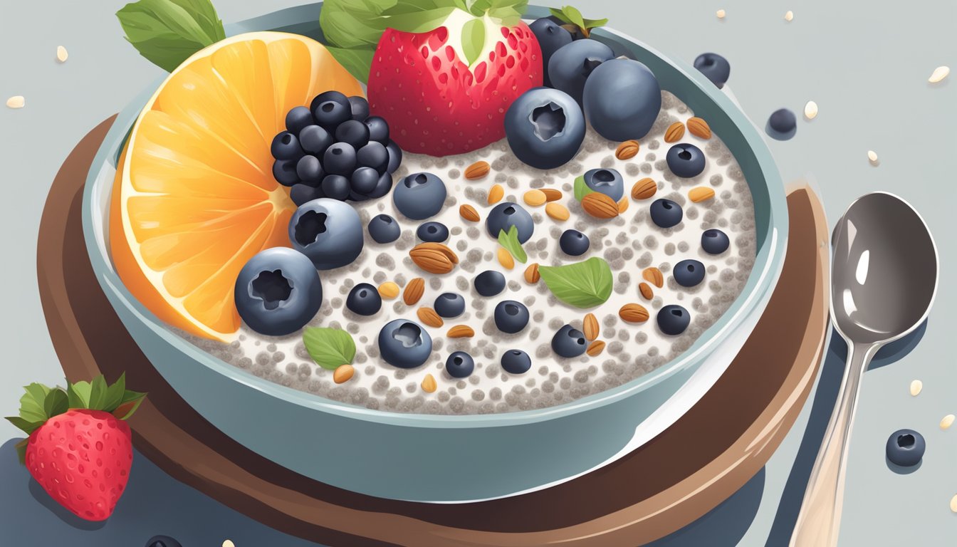 A bowl of chia pudding surrounded by fresh fruits and nuts, with a spoon resting on the side