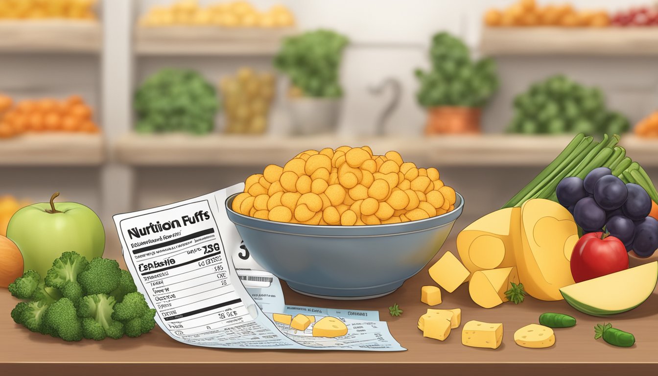 A bowl of cheese puffs next to a variety of fruits and vegetables, with a nutrition label in the background