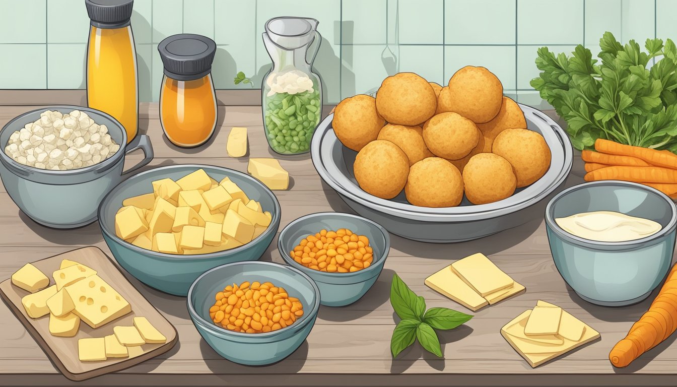 A kitchen counter with ingredients and utensils for making vegan cheese puffs