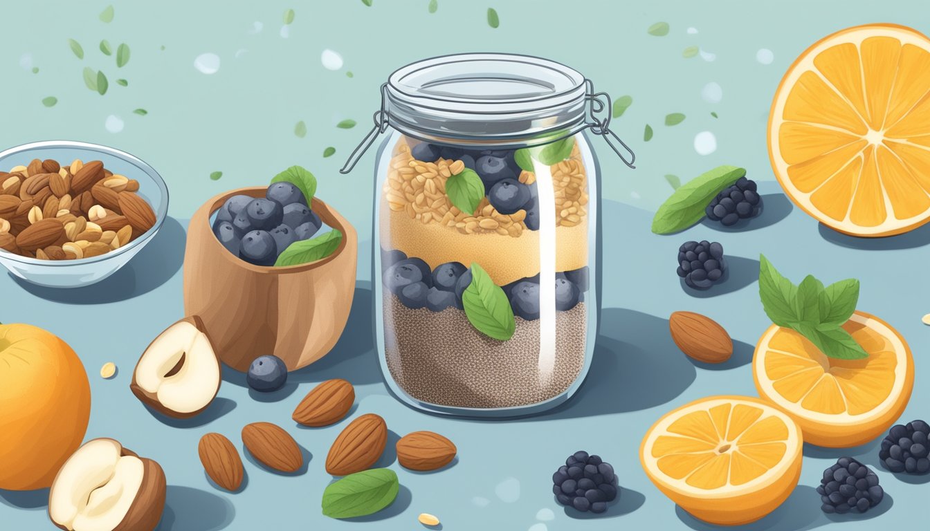 A glass jar filled with chia pudding surrounded by various fruits and nuts, with a label indicating serving and storage recommendations