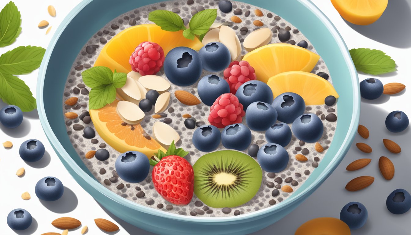 A bowl of chia pudding surrounded by a variety of allergen-free ingredients such as almond milk, fresh fruit, and seeds