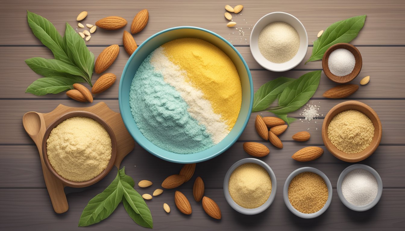 A bowl of almond flour surrounded by various vegan baking ingredients on a wooden countertop