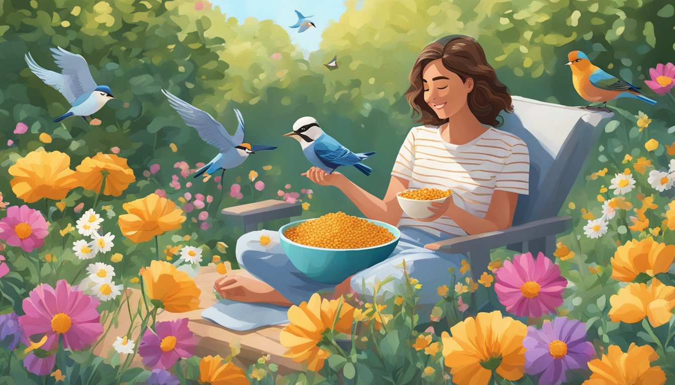 A person sitting in a sunny garden, surrounded by colorful flowers and birds, enjoying a bowl of lentil chips