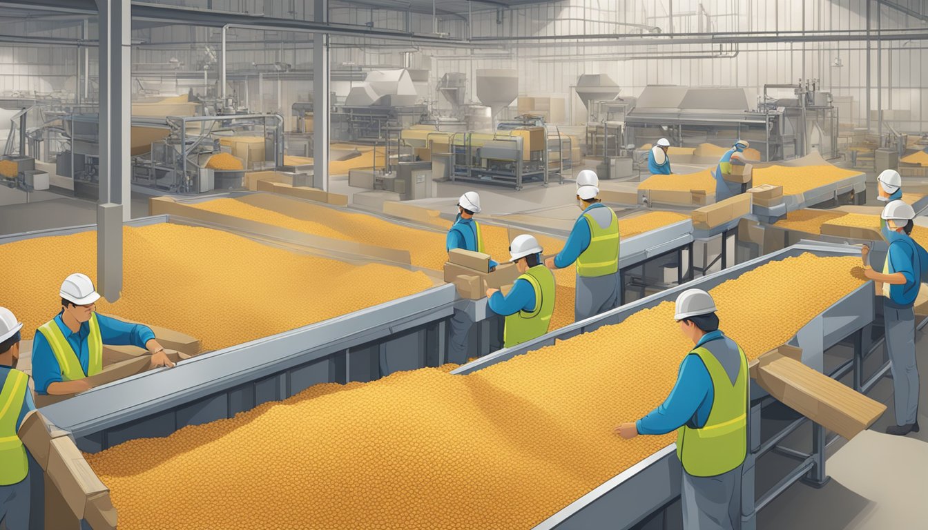 A bustling factory floor with workers packaging bags of Enjoy Life lentil chips, surrounded by large vats and conveyor belts