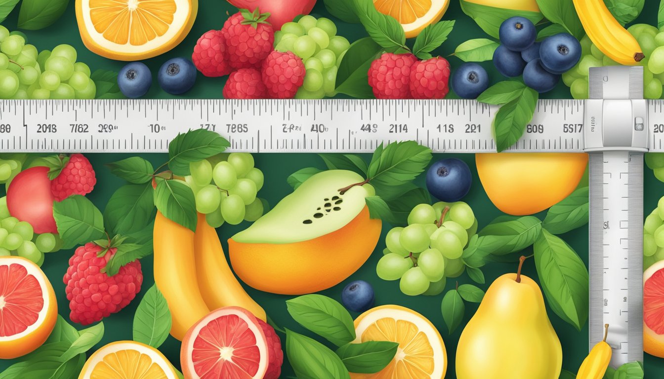 A colorful array of fresh fruits and vibrant green leaves, with a ruler measuring the length of a Fruit by the Foot snack