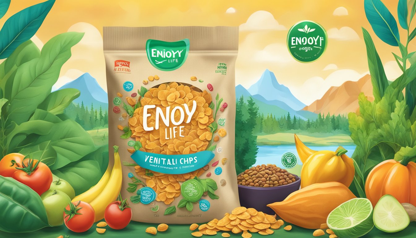 A colorful bag of Enjoy Life lentil chips surrounded by various vegan ingredients and a vibrant, nature-inspired background