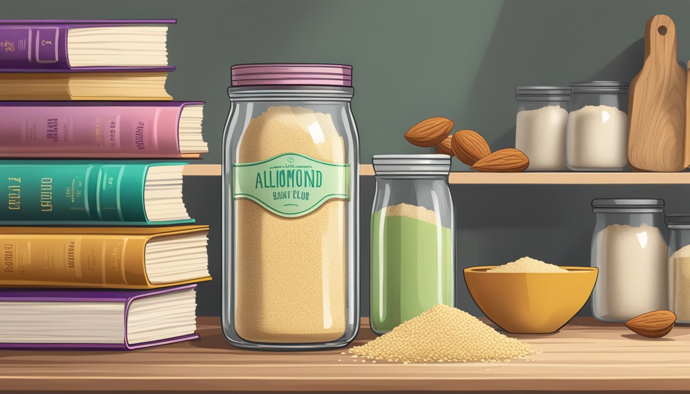 A glass jar filled with almond flour sits on a wooden shelf next to a stack of vegan recipe books