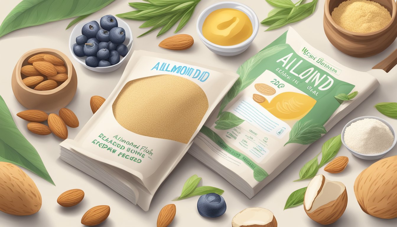 A bag of almond flour surrounded by various vegan ingredients and a plant-based recipe book