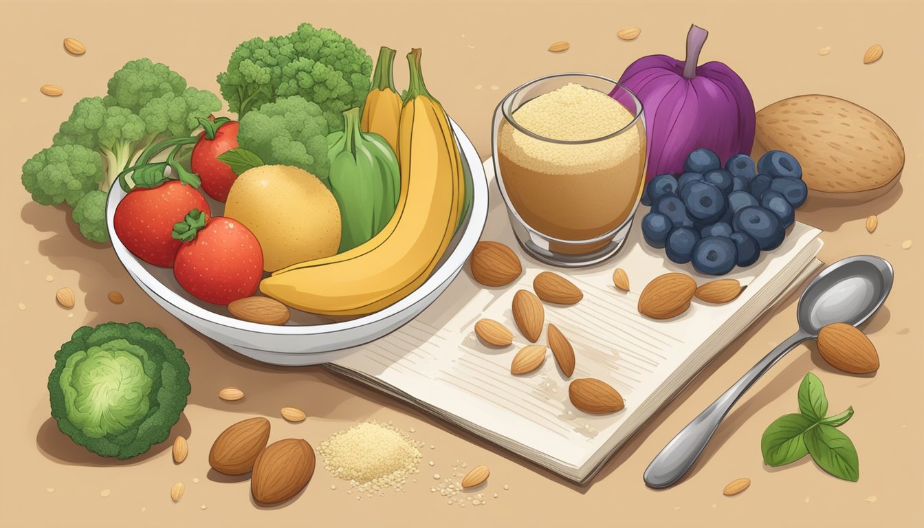 A bowl of almond flour surrounded by fresh fruits and vegetables, with a mixing spoon and recipe book nearby