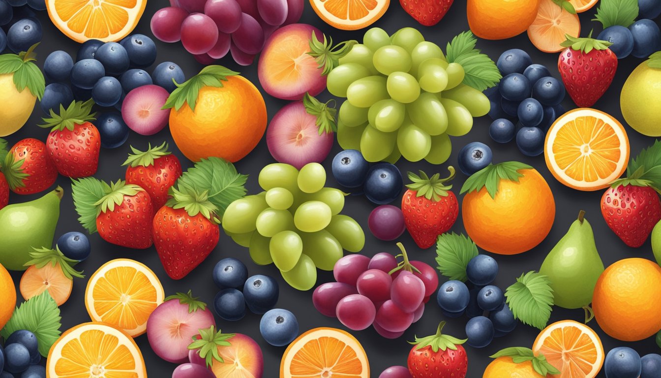 A variety of colorful fruit by the foot rolls arranged on a wooden table, surrounded by fresh fruits like strawberries, oranges, and grapes