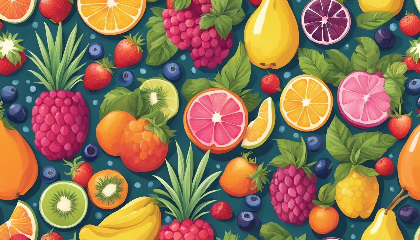 A colorful assortment of plant-based fruits and ingredients arranged in a playful and whimsical pattern, evoking the fun and sweetness of traditional Fruit by the Foot