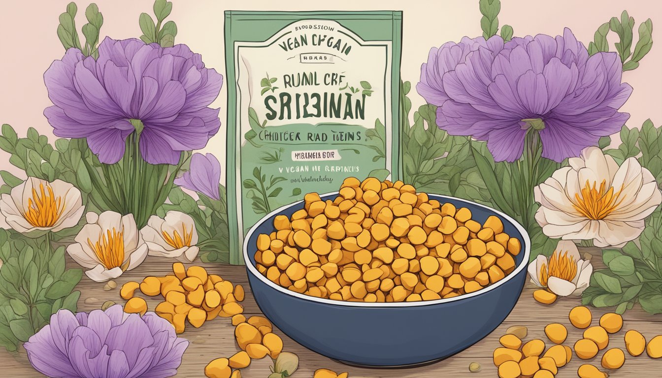 A bowl of Saffron Road chickpea crisps surrounded by vibrant saffron flowers and chickpeas, with a clear label indicating "vegan."