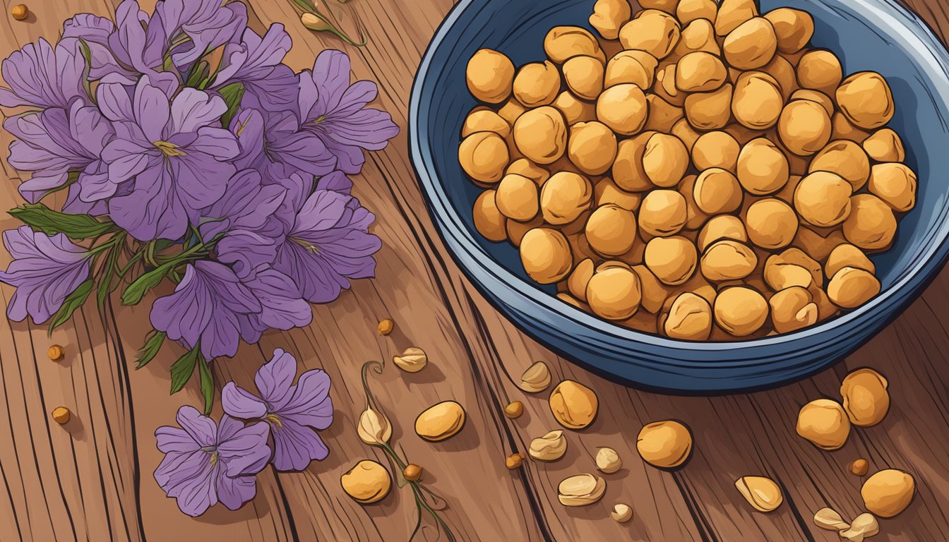 A bowl of saffron road chickpea crisps surrounded by whole chickpeas and saffron flowers on a wooden table