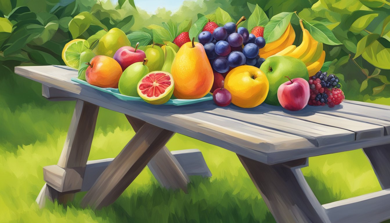 A colorful array of fruit by the foot unwinds across a picnic table, surrounded by fresh fruit and vibrant green foliage