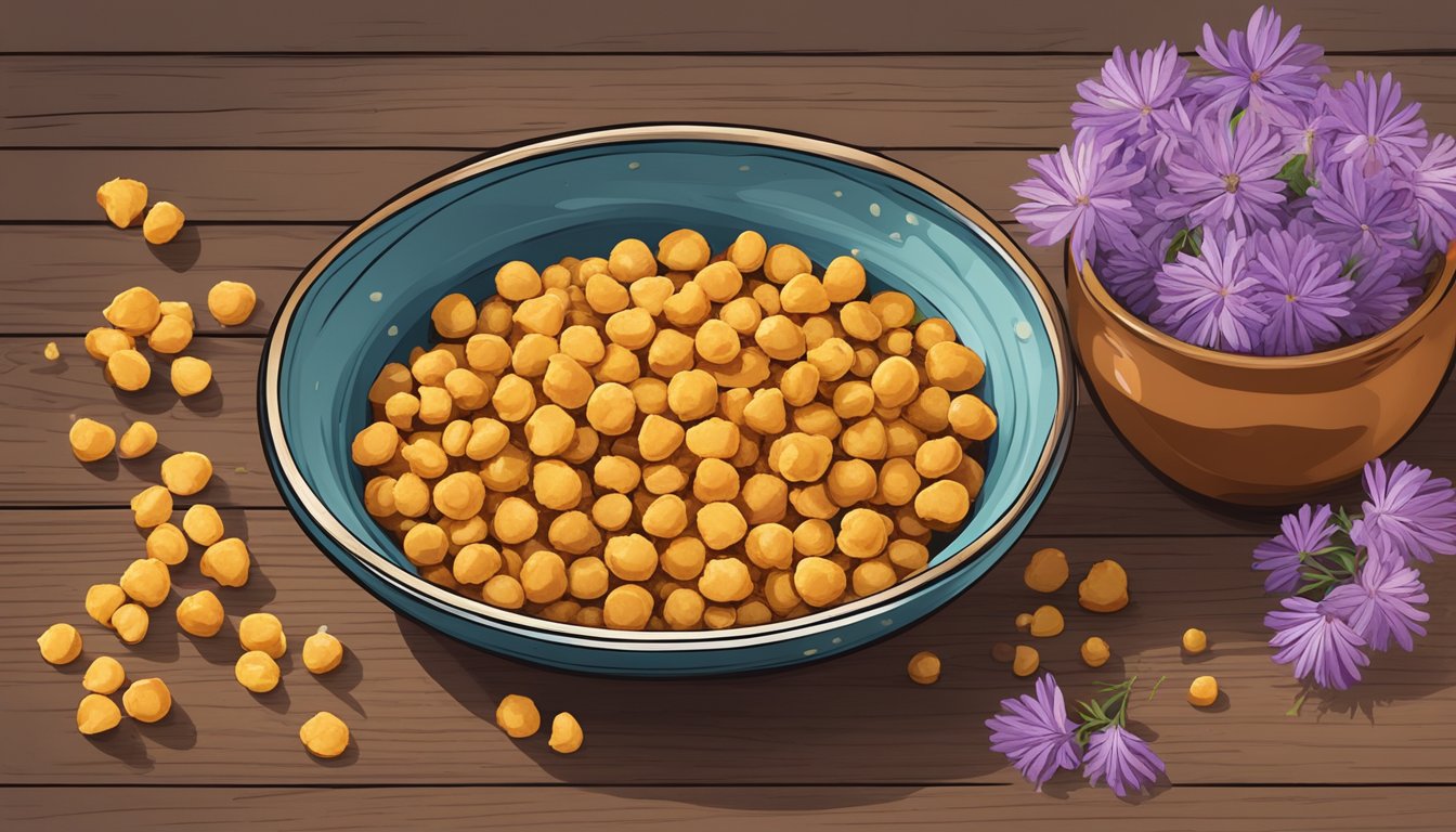 A bowl of saffron road chickpea crisps surrounded by chickpeas and saffron flowers on a rustic wooden table