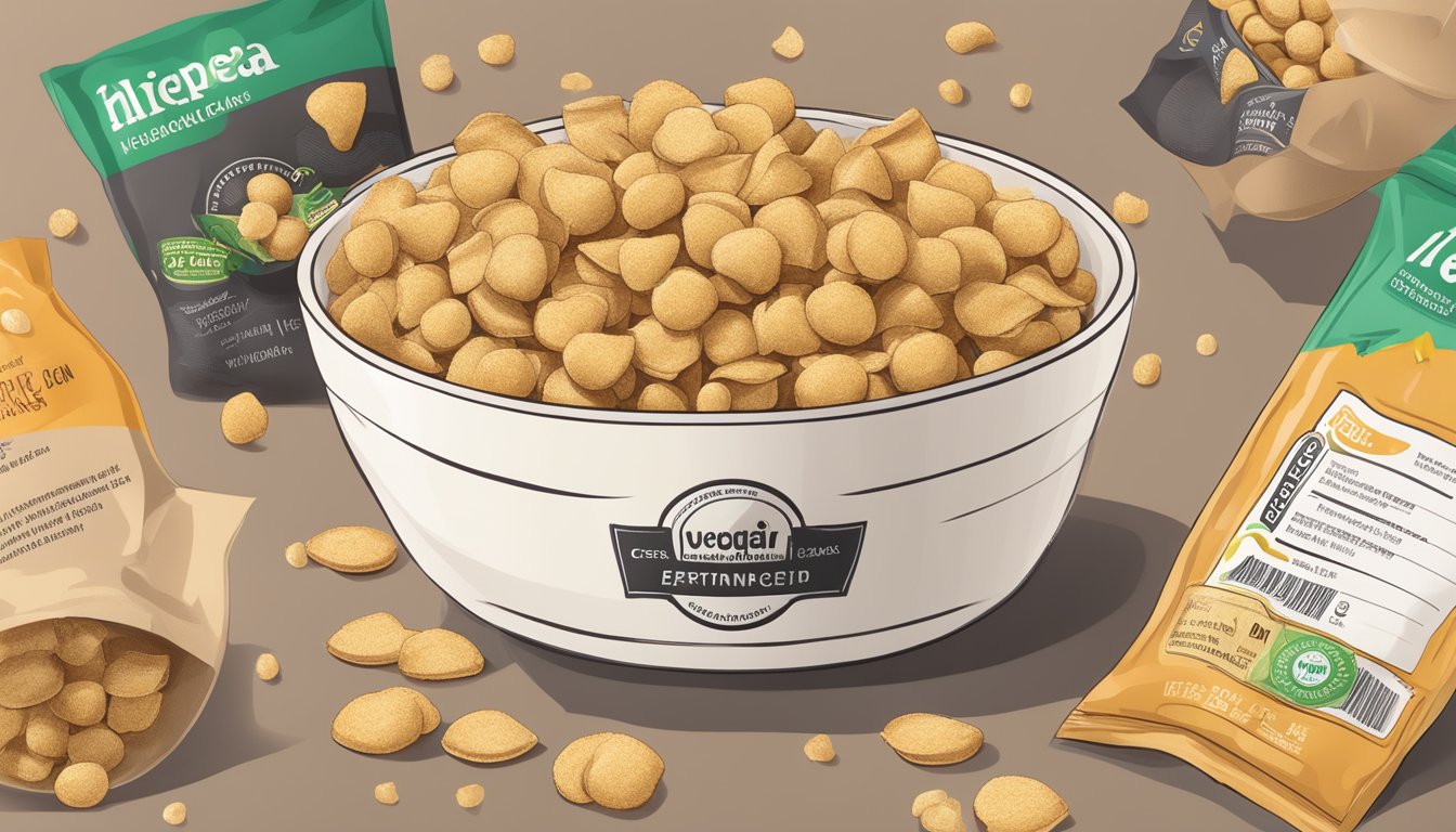 A bowl of chickpea crisps surrounded by vegan labels and certifications