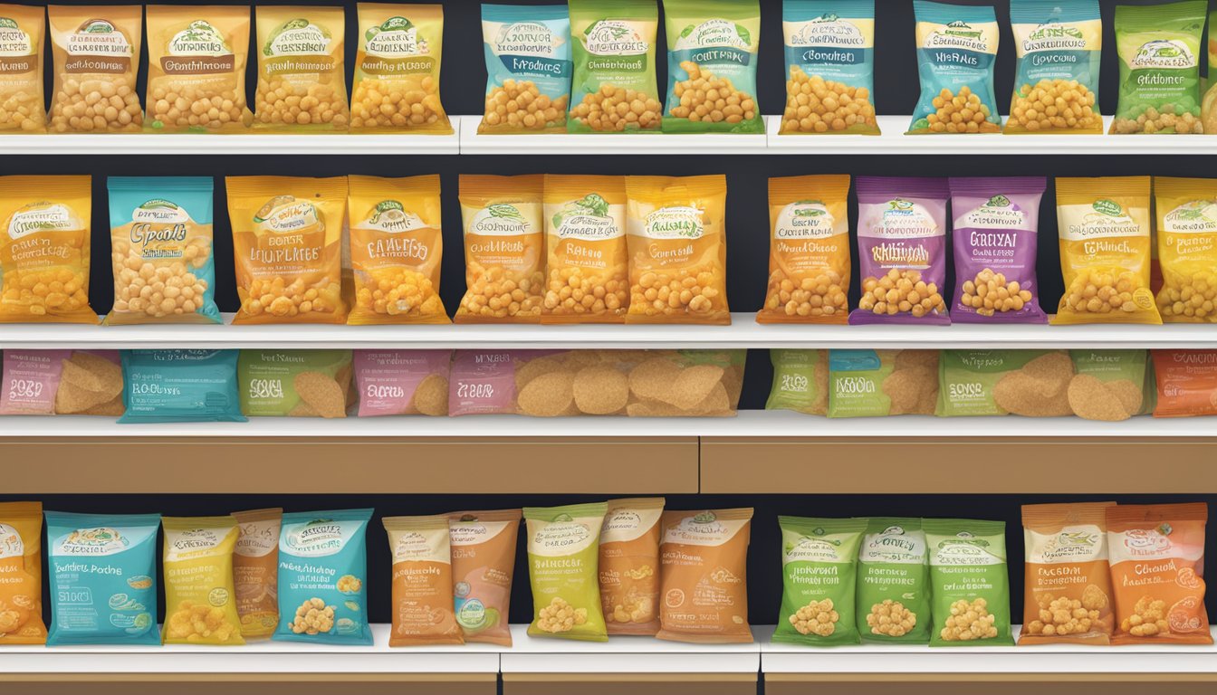 A variety of saffron road chickpea crisps displayed on a shelf in a grocery store