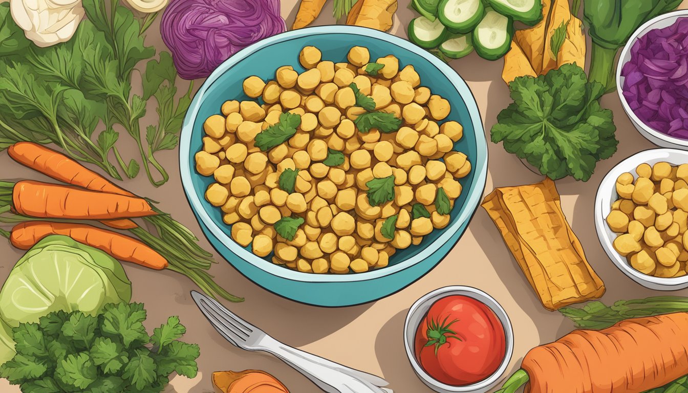 A bowl of saffron road chickpea crisps surrounded by fresh, vibrant vegetables and a clear label indicating "vegan."