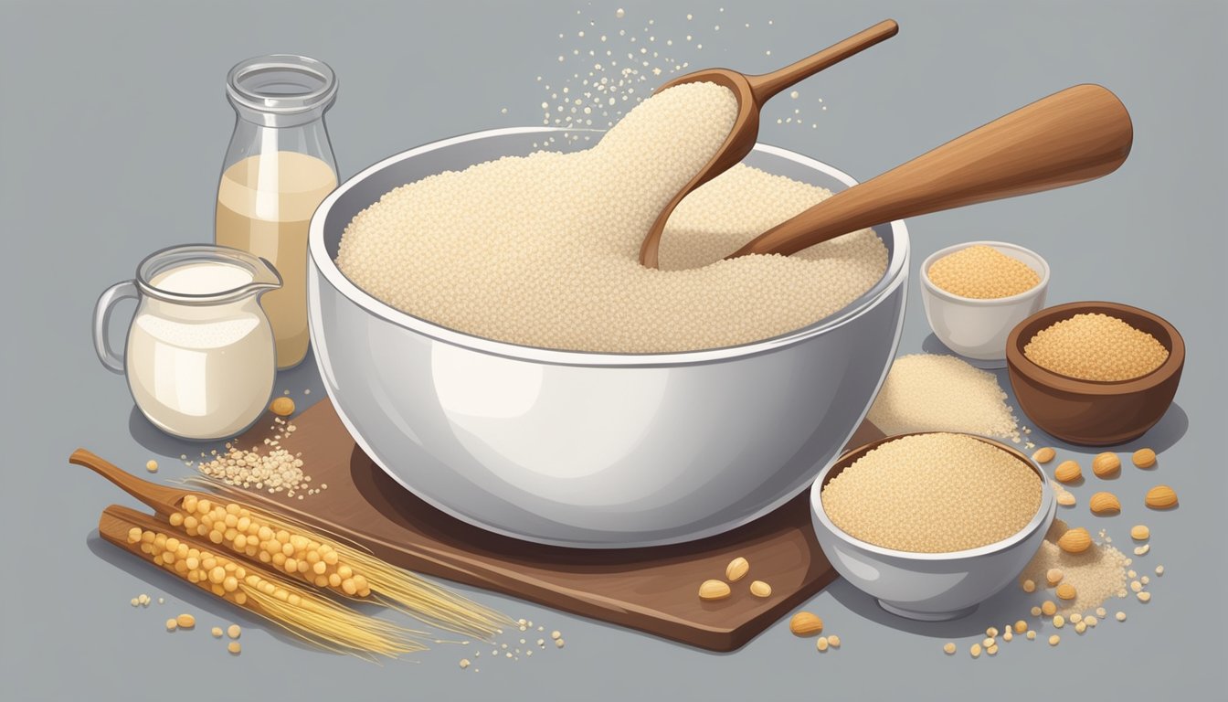 A bowl of quinoa milk being poured into a mixing bowl surrounded by various cooking ingredients like flour, sugar, and vanilla extract