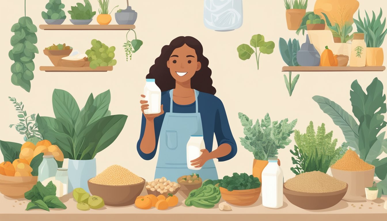 A person holding a carton of quinoa milk, surrounded by various plant-based foods and a "vegan" label