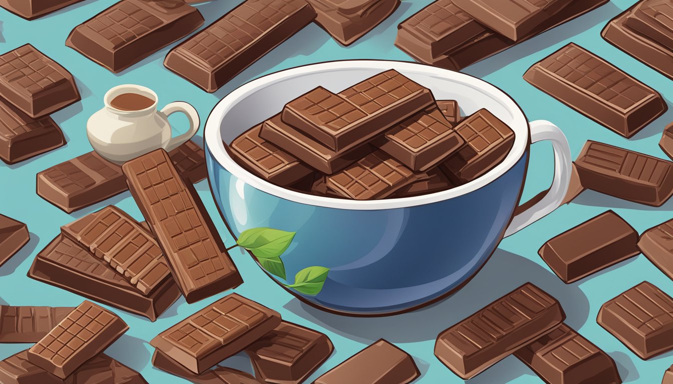 A pile of traditional Kit Kat bars surrounded by cocoa beans and a bowl of milk