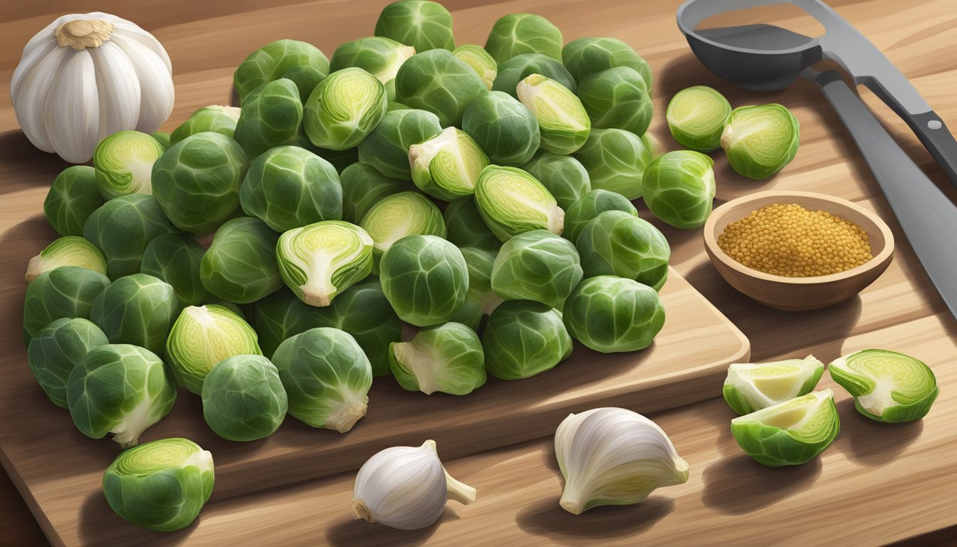 A colorful array of fresh brussel sprouts, garlic, and seasonings arranged on a cutting board, with a nutrition label in the background