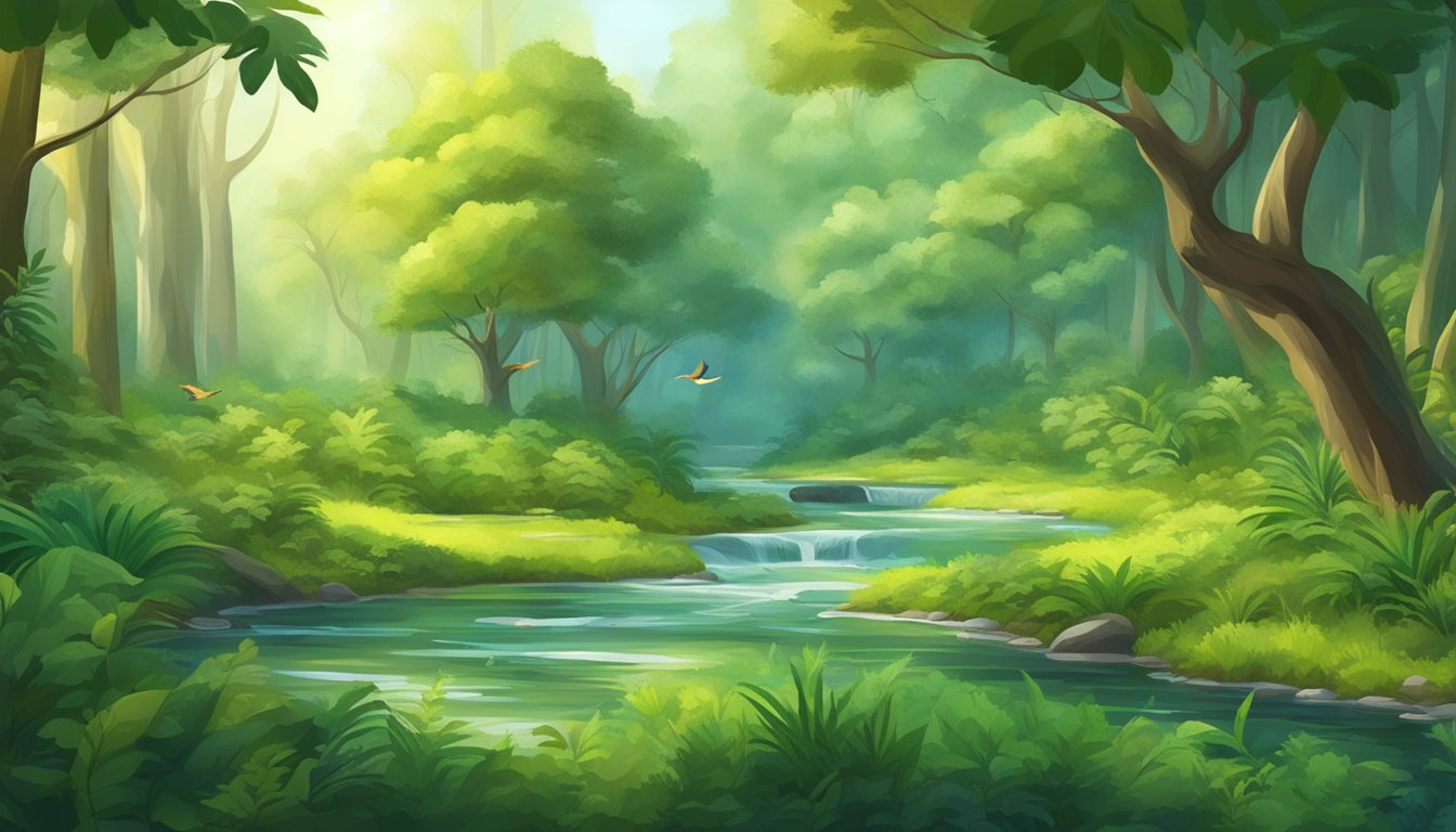 A lush green forest with a clear stream running through it, surrounded by diverse wildlife and vibrant plant life