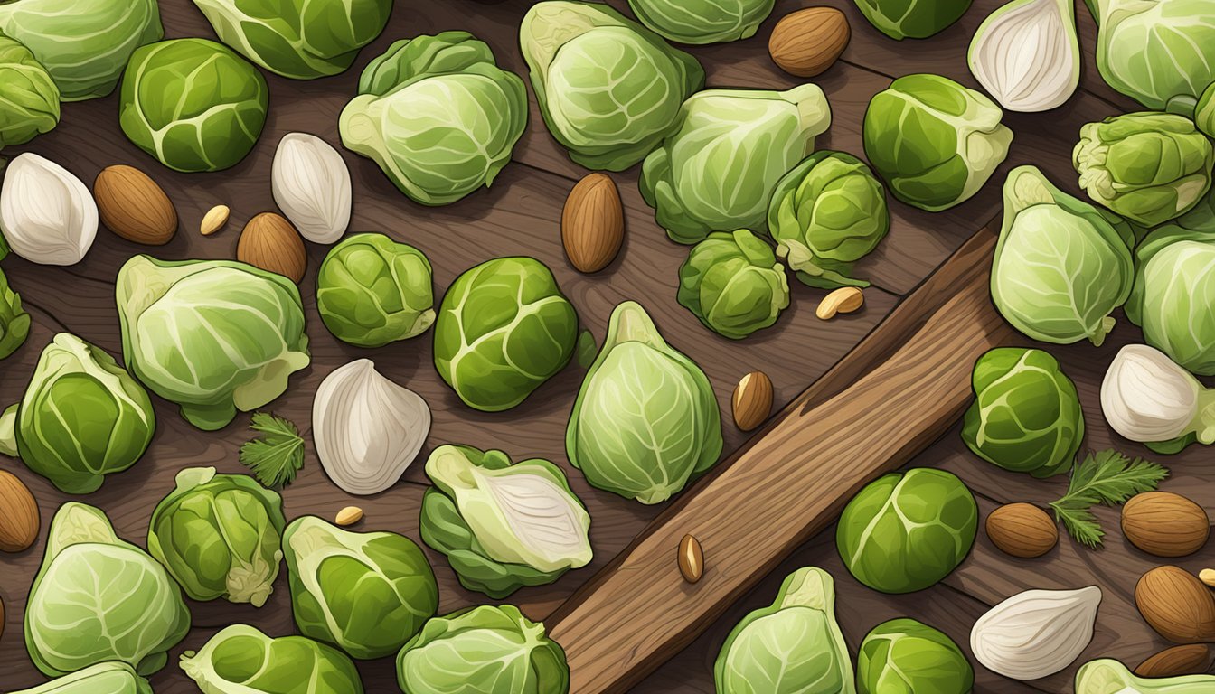 A colorful array of fresh brussel sprouts, nuts, and seasonings arranged on a wooden cutting board