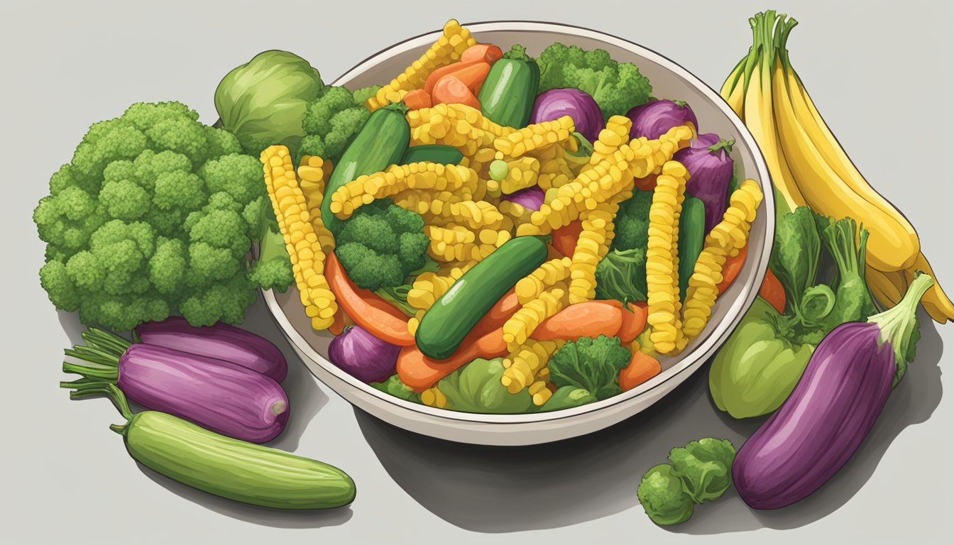 A bowl of Funyuns next to a pile of fresh vegetables, with a "vegan" label prominently displayed