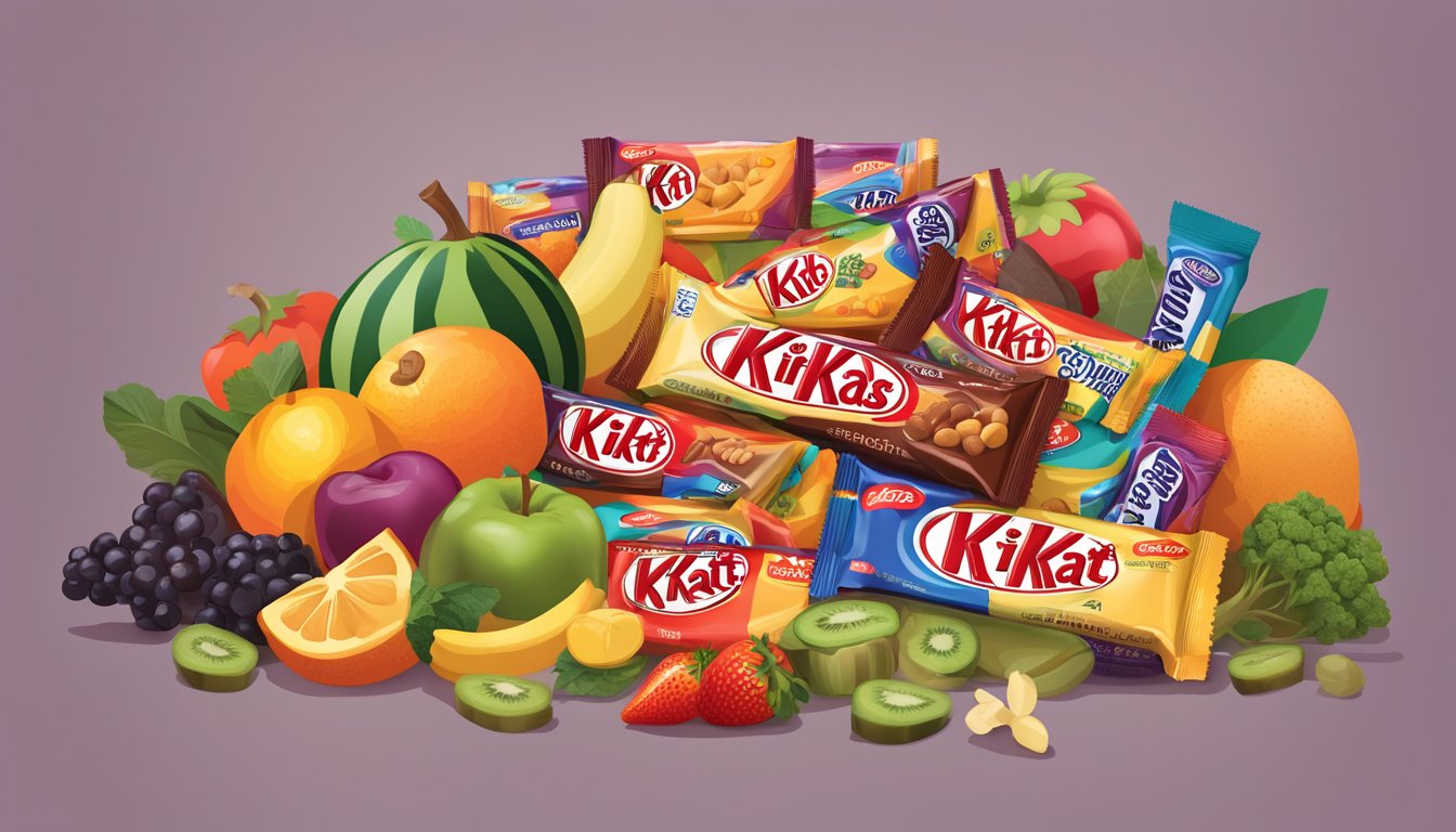 A pile of Kit Kat bars surrounded by a variety of fruits and vegetables, with a nutrition label displayed prominently