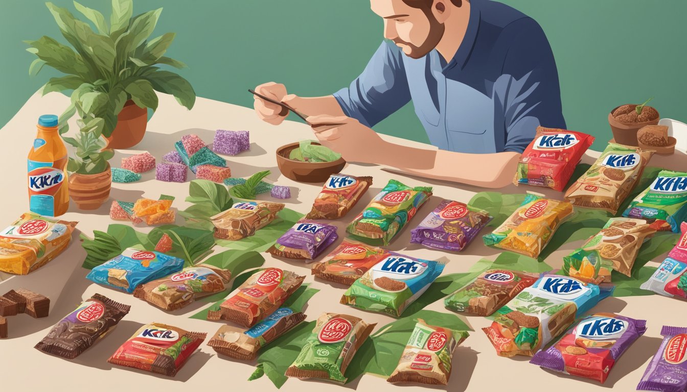 A table with scattered Kit Kat bars, surrounded by various plant-based ingredients and a researcher examining the packaging