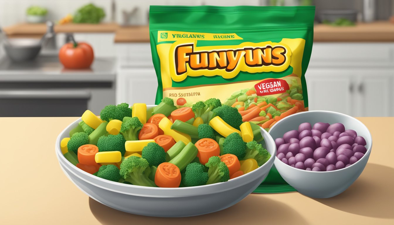 A bag of Funyuns next to a bowl of mixed vegetables, with a "vegan" label