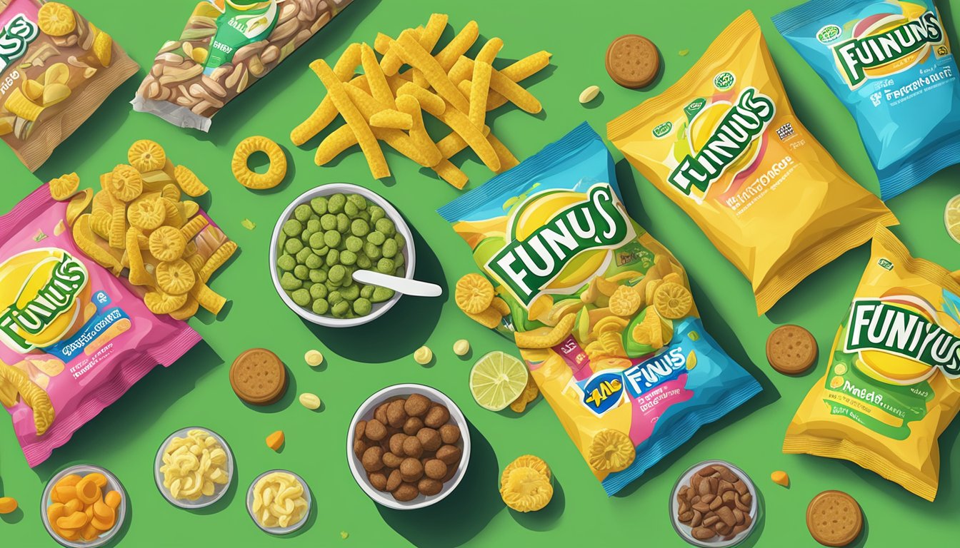 A bag of Funyuns next to a variety of vegan snacks on a table