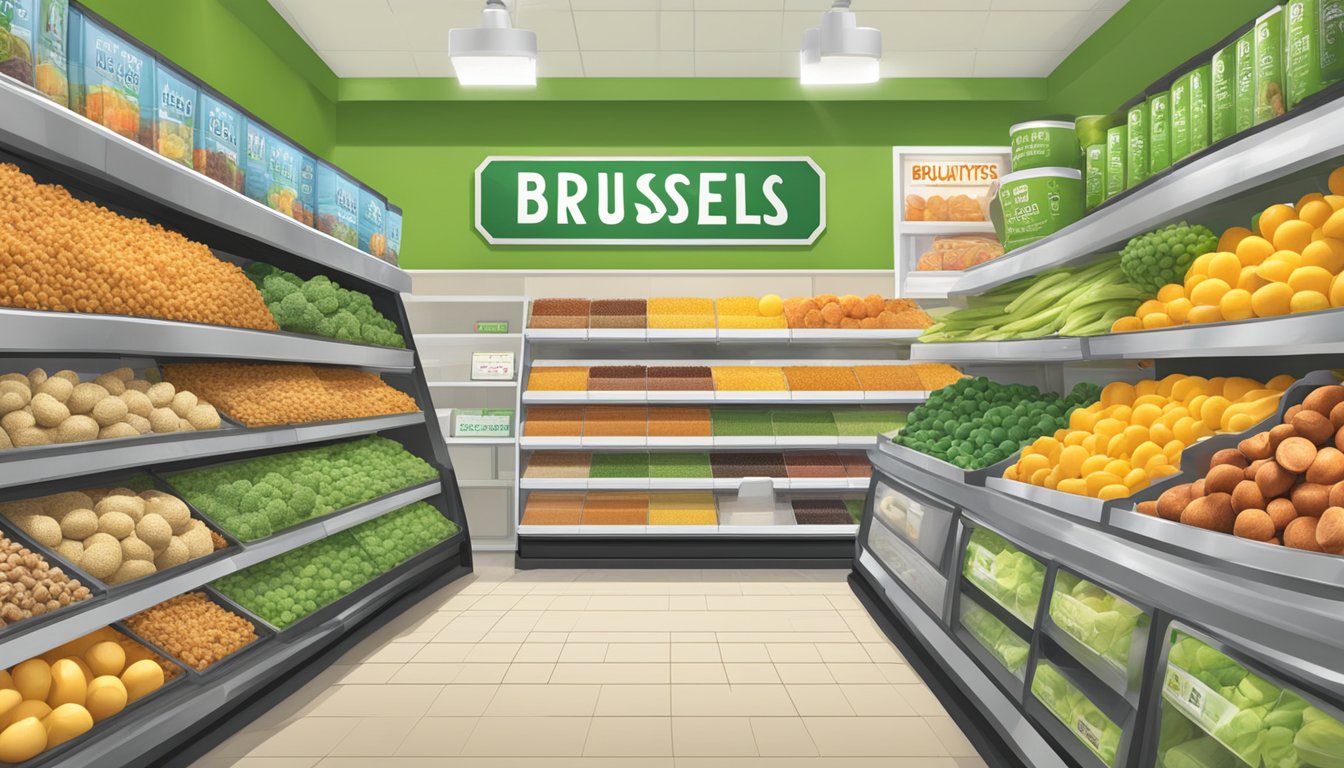 A display of Brussel Bytes at a health food store, with a "vegan" label and various flavors