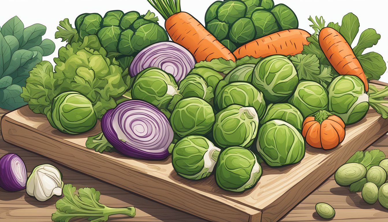 A colorful array of fresh brussel sprouts, carrots, and other vegetables arranged on a wooden cutting board, surrounded by eco-friendly packaging and ethically sourced ingredients