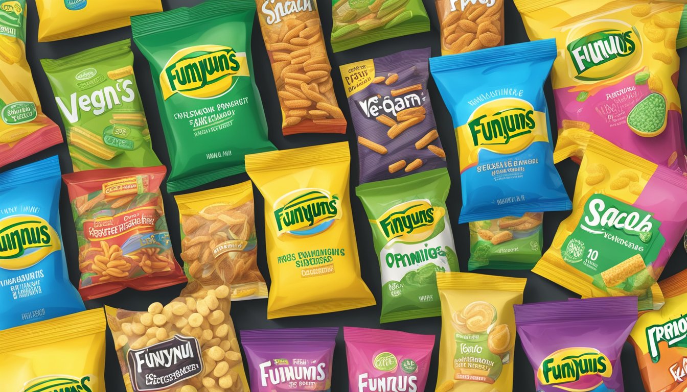 A colorful display of snack options, with bags of Funyuns prominently featured among various vegan alternatives