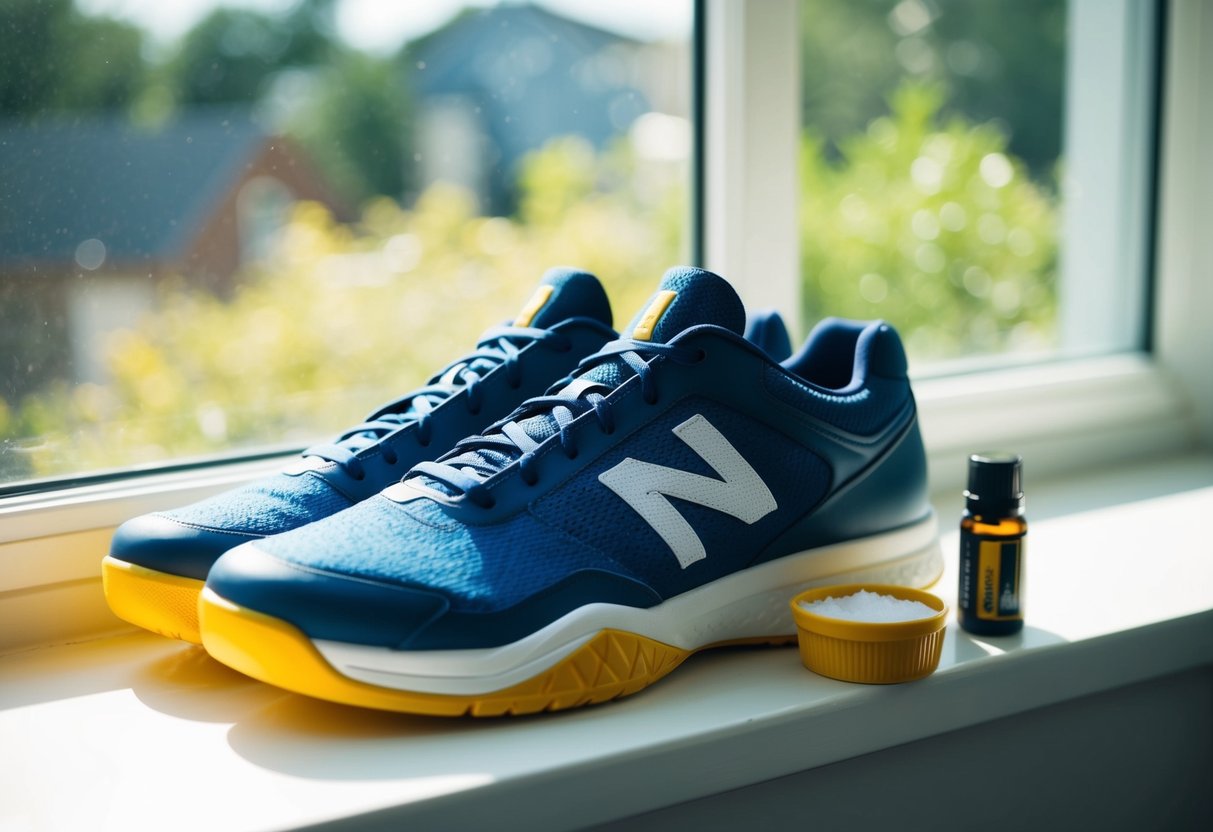 A pair of volleyball shoes placed on a sunny windowsill, with a small container of baking soda and a few drops of essential oil nearby