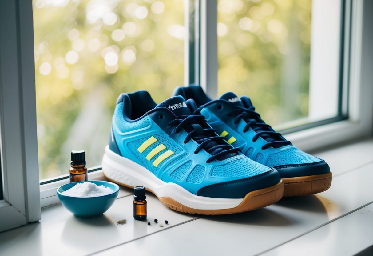 A pair of volleyball shoes placed on a window sill, with a small bowl of baking soda and a few drops of essential oil nearby