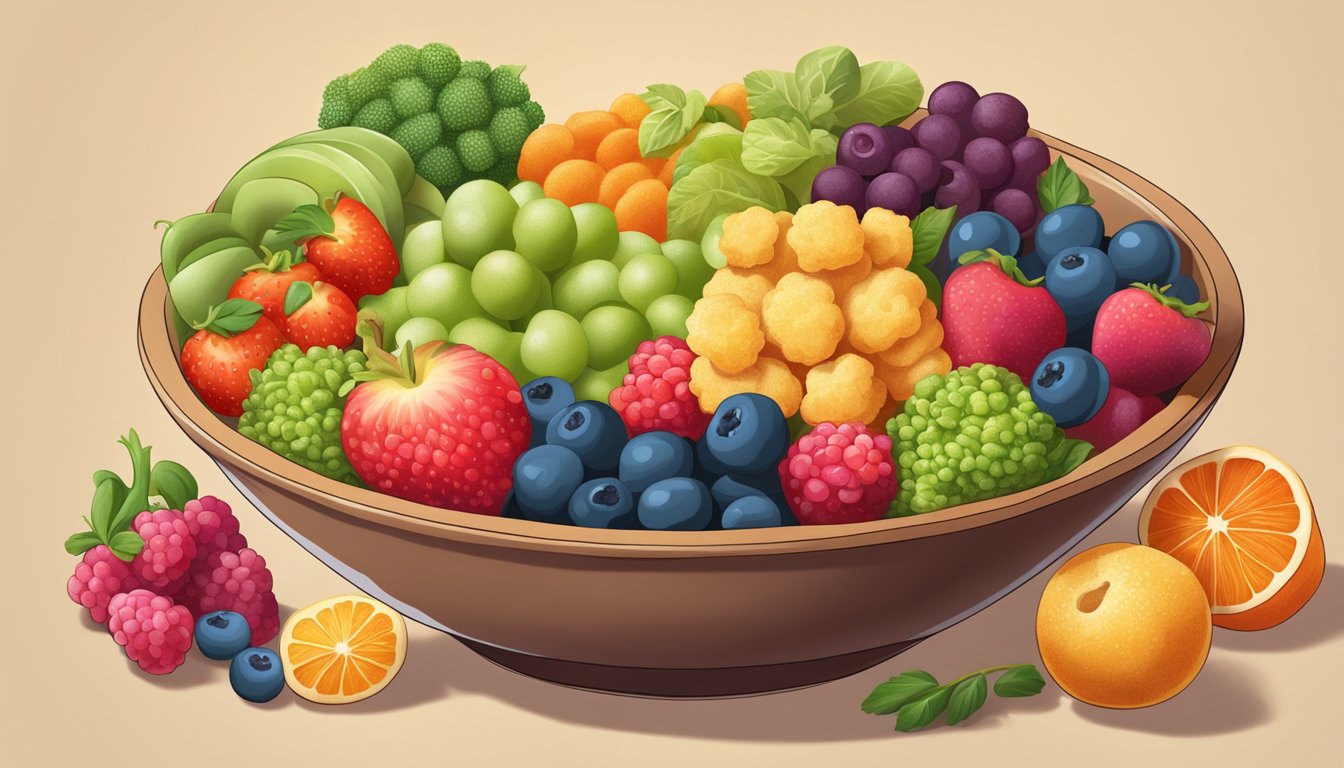 A bowl of Vegan Robs puffs surrounded by a variety of colorful fruits and vegetables