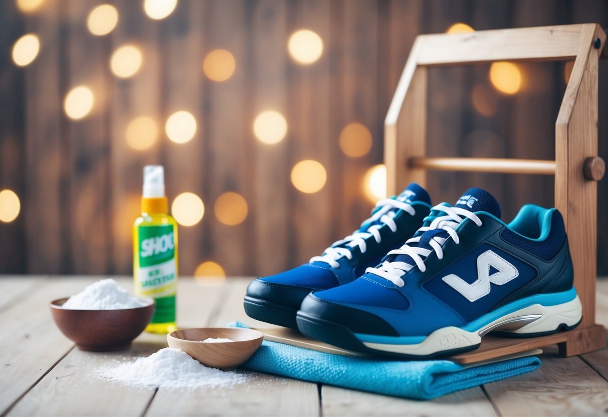 A pair of volleyball shoes placed on a wooden rack with a bowl of baking soda and a bottle of shoe deodorizer nearby