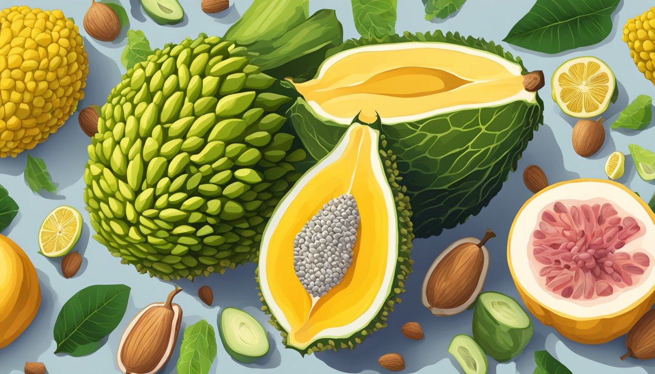 A colorful illustration of a halved jackfruit with its seeds and flesh exposed, surrounded by various fruits and vegetables