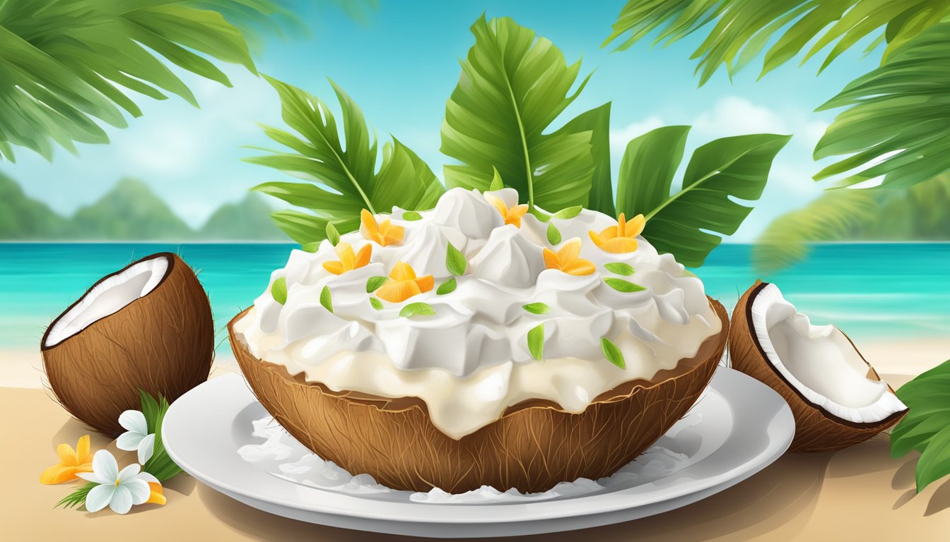 A coconut cream dessert surrounded by fresh coconuts and vibrant tropical foliage