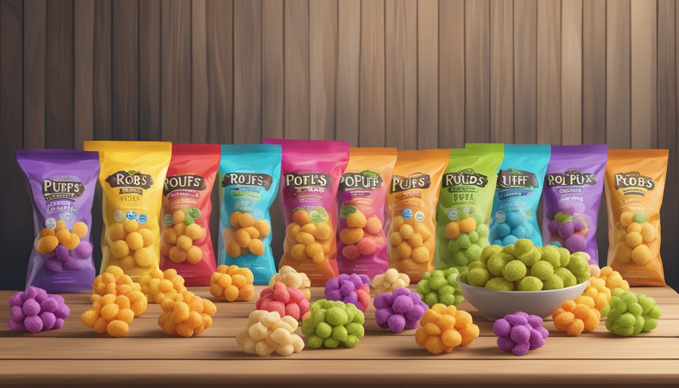 A colorful array of vegan Robs puffs in various flavors displayed on a wooden table with natural lighting